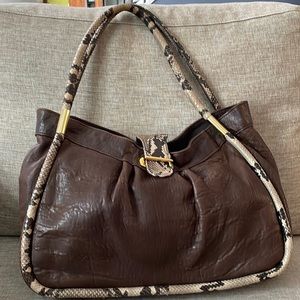 Paolo Masi leather and snakeskin large handbag. 15”w, 11”h, 10” strap, 5” deep.
